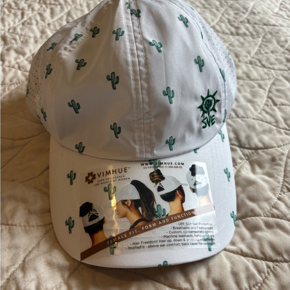 White Baseball Cap with Green Cactus Motif